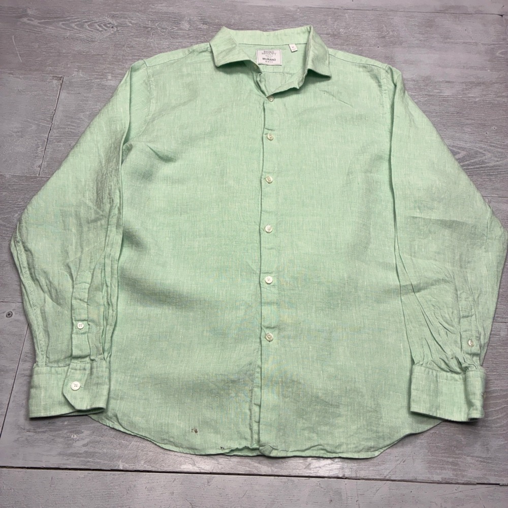 Murano Baird McNutt Linen Shirt Mens XL Green Slim Fit Long Sleeve Button Down